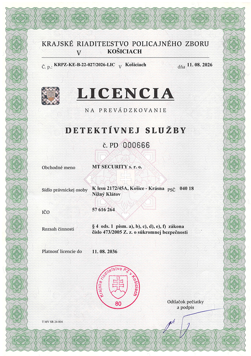 Licencia na prevádzkovanie detektívnej služby č. PD 000666