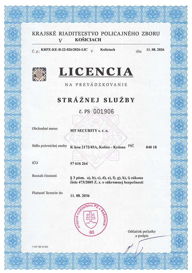 Licencia na prevádzkovanie strážnej služby č. PS 001906